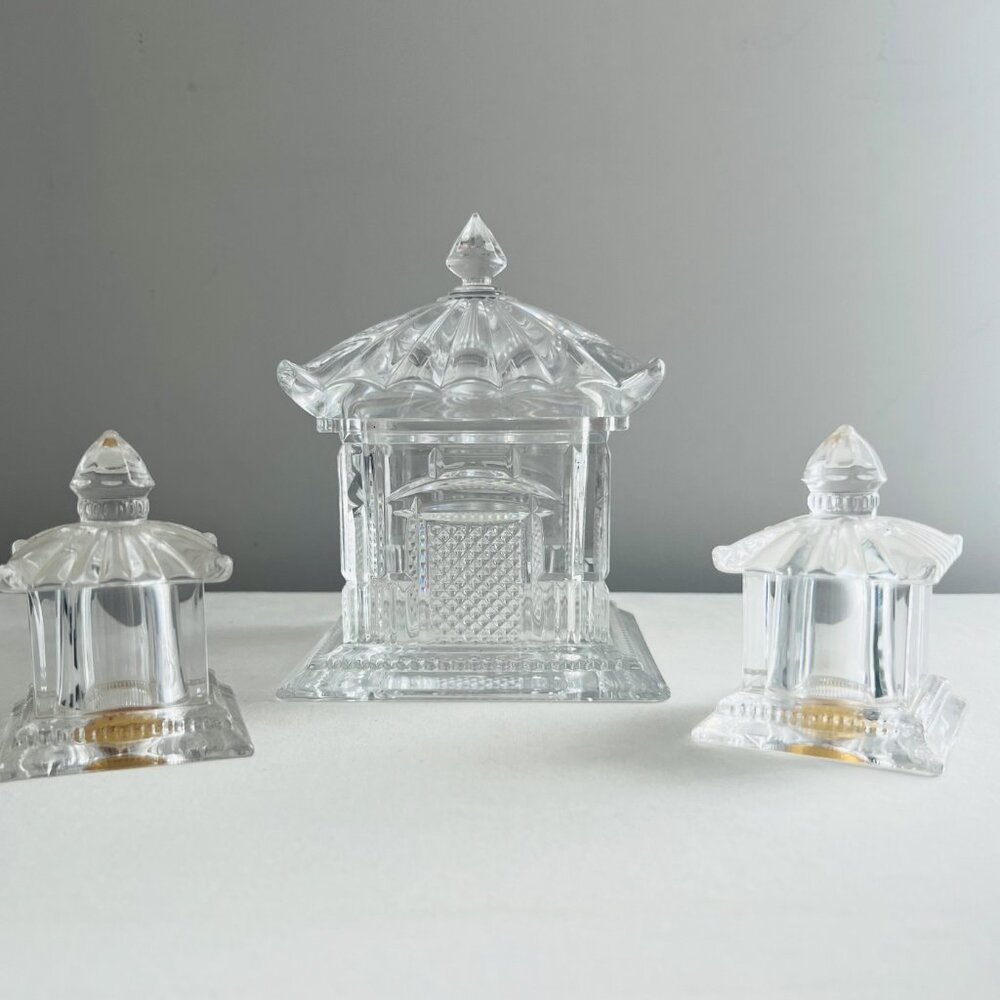 Pagoda Collection - Pagoda Crystal Candy / Sugar Jar with Salt & Pepper Shakers